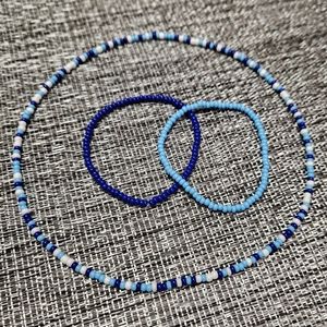 Glass Czech Bead Stretch Necklace & 2 Bracelet Set, Dark/Light Blue, and White